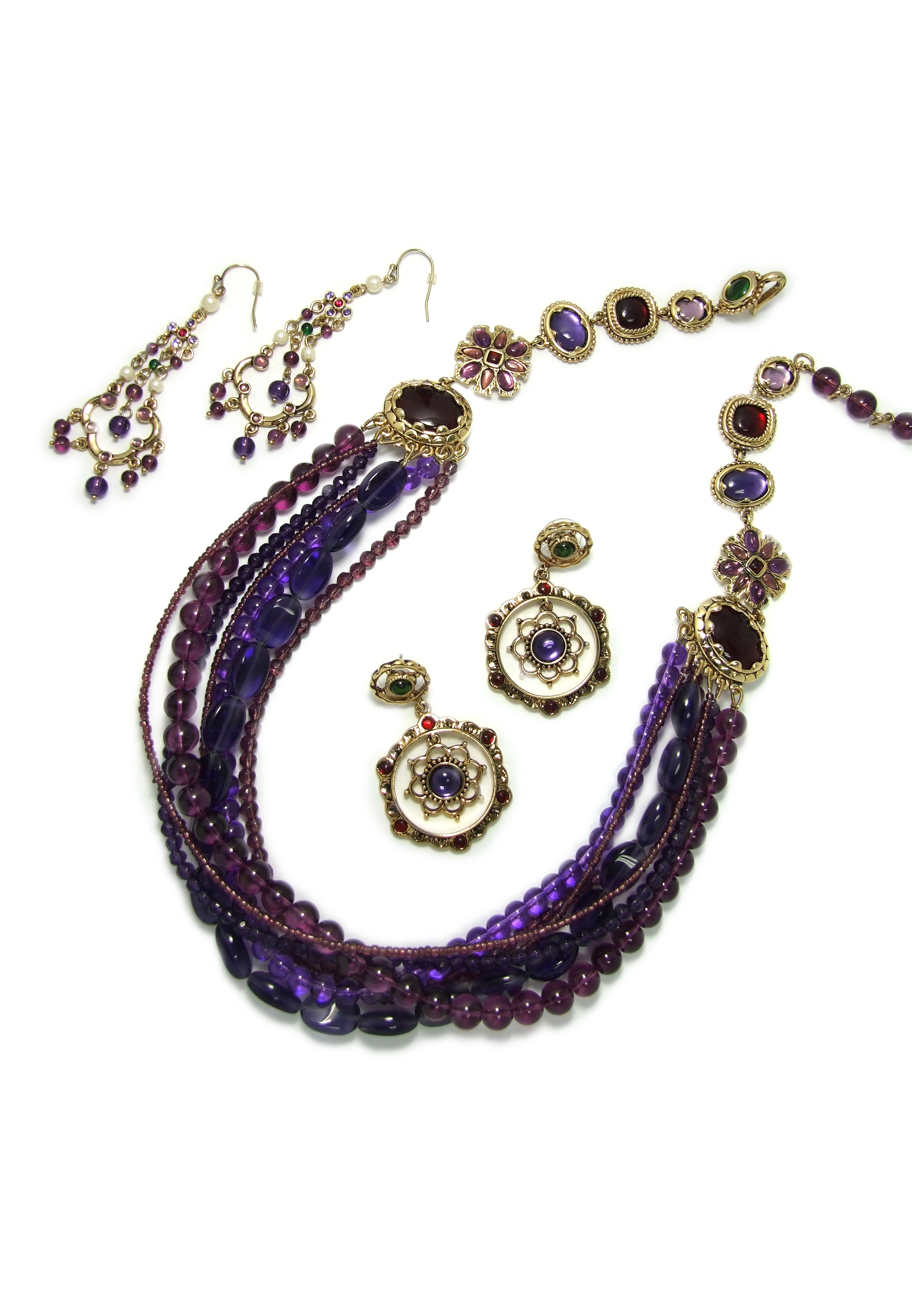紫色玻璃多排项链和耳环